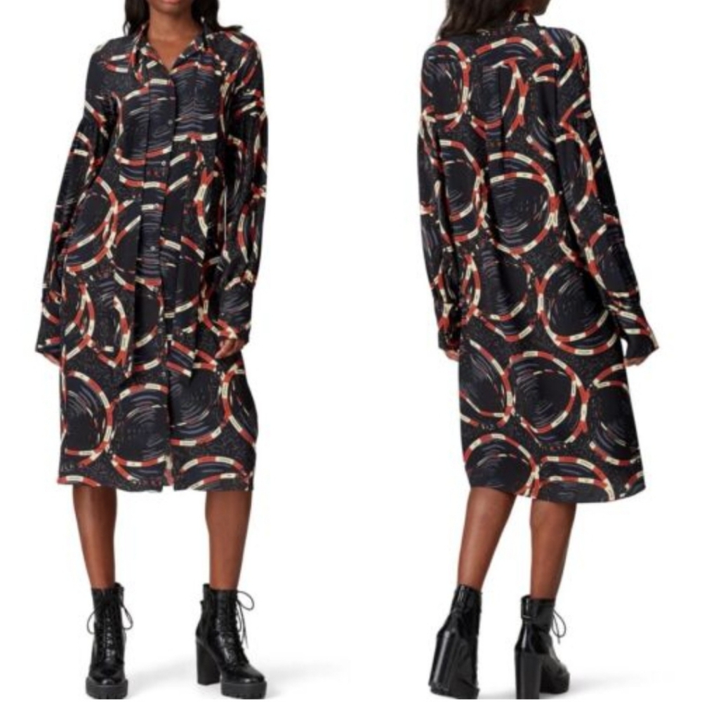 rokh Size 2-4 Silk Scarf Midi Shirtdress Blue Classic Chain Link Abstract Print